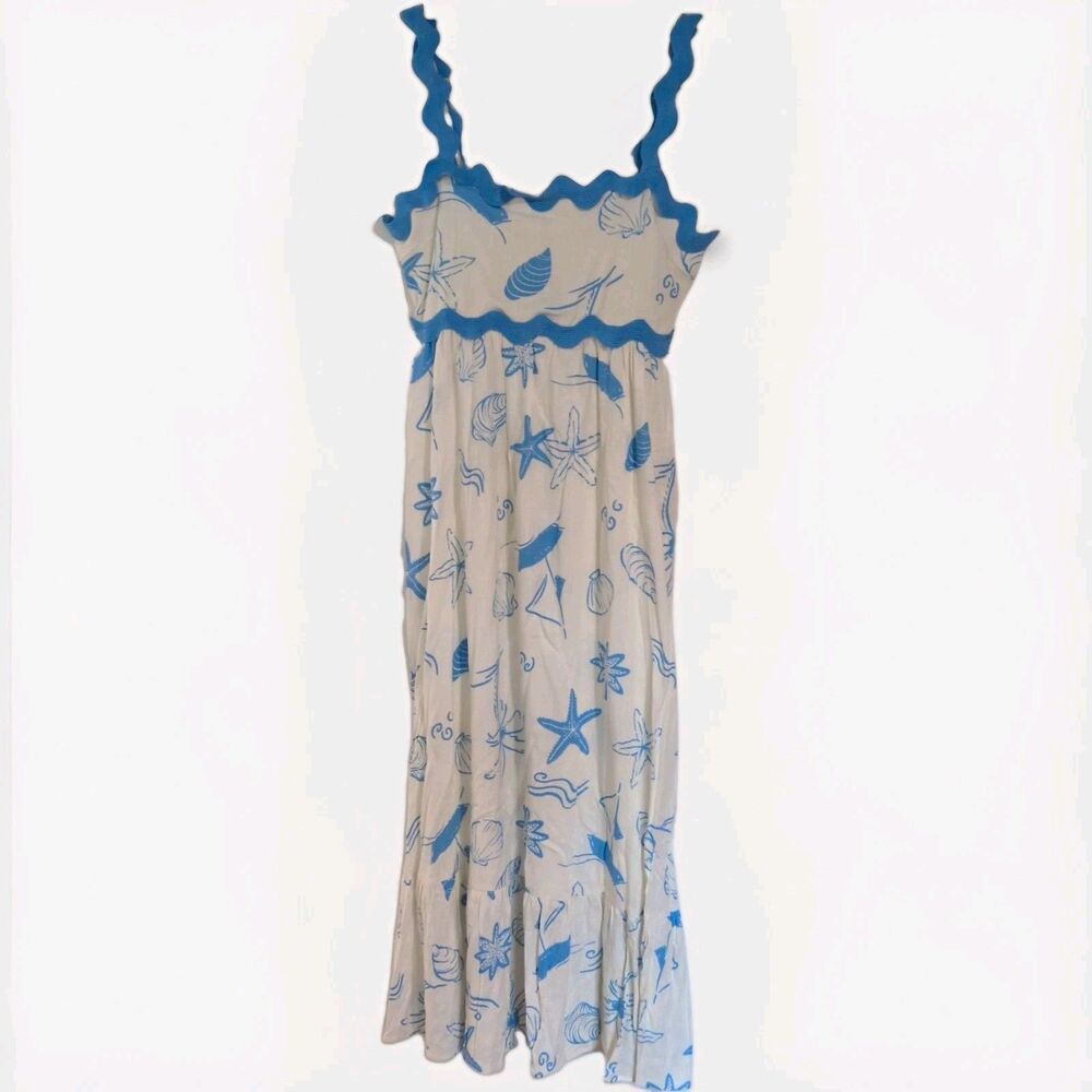 For the Republic White/Blue Beach Graphic Print Smocked Ruffle Maxi Dress S